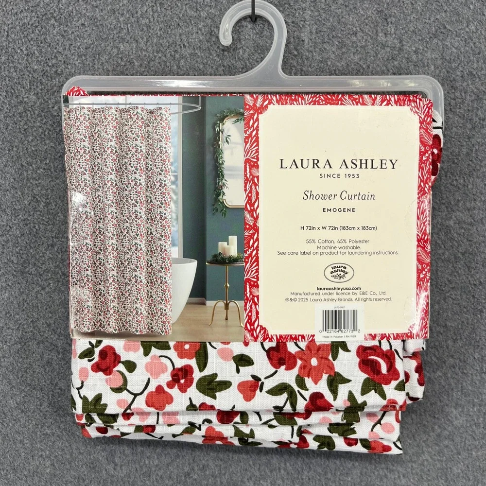 Laura Ashley Shower Curtain Emogene 72x72 Red Pink Floral Cotton Blend New